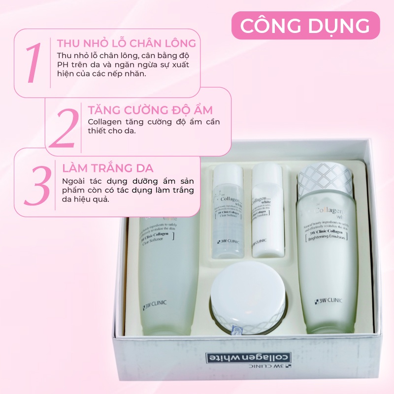 Bộ Skincare dưỡng trắng da dưỡng ẩm 3W CLINIC Hàn Quốc chiết xuất từ Collagen ngăn ngừa lão hóa trắng sáng da Full Size