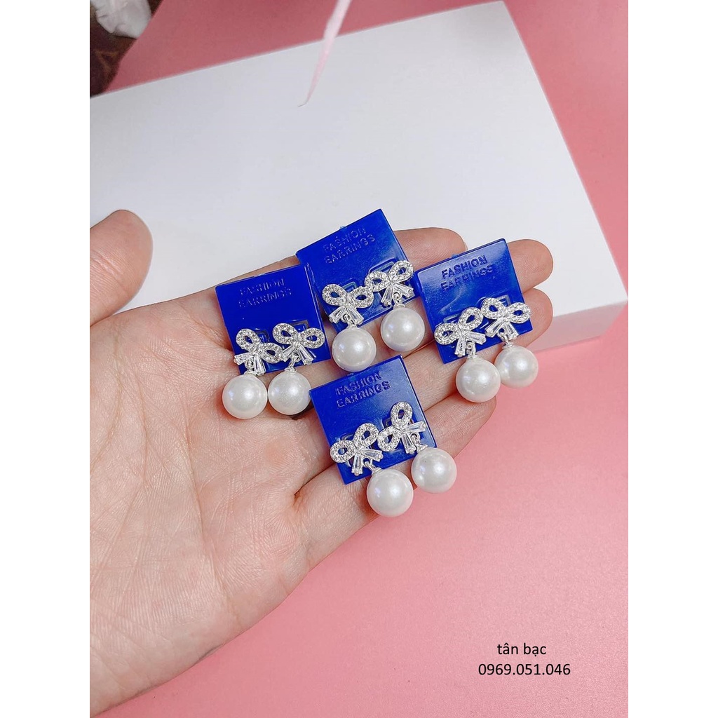 bông tai cánh nơ đính đá sang chảnh , khuyên tai nữ bạc chuẩn 100%
