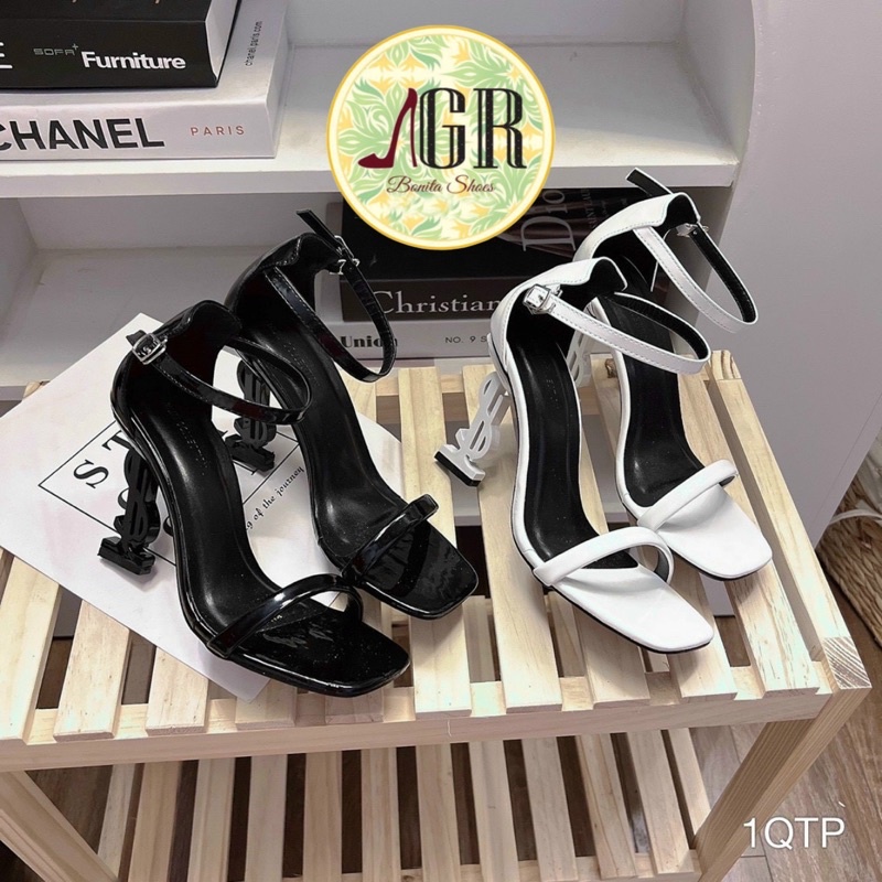 Sandal quai mảnh da bóng gót chữ L siêu đẹp cao 8p