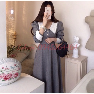 Váy dài thắt eo, cổ tay phối
