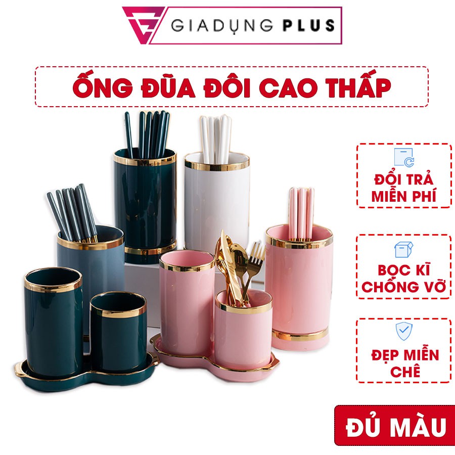 Bộ ống đựng đũa, thìa đa năng bằng sứ cao thấp kèm khay hứng nước sứ VIMORA cao cấp