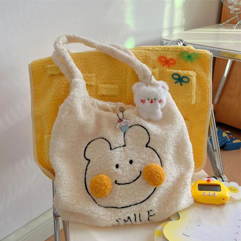 Túi Tote Đeo Vai Bằng Len Lông Cừu Dễ Thương Sức Chứa Lớn Phong Cách Nhật Bản Thời Trang Thu Đông