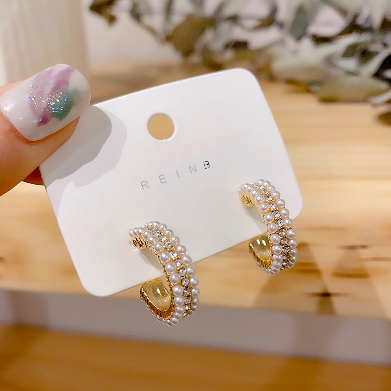 Bông Tai Chữ C Đính Ngọc Trai Và Đá Phong Cách Retro Pháp 2022