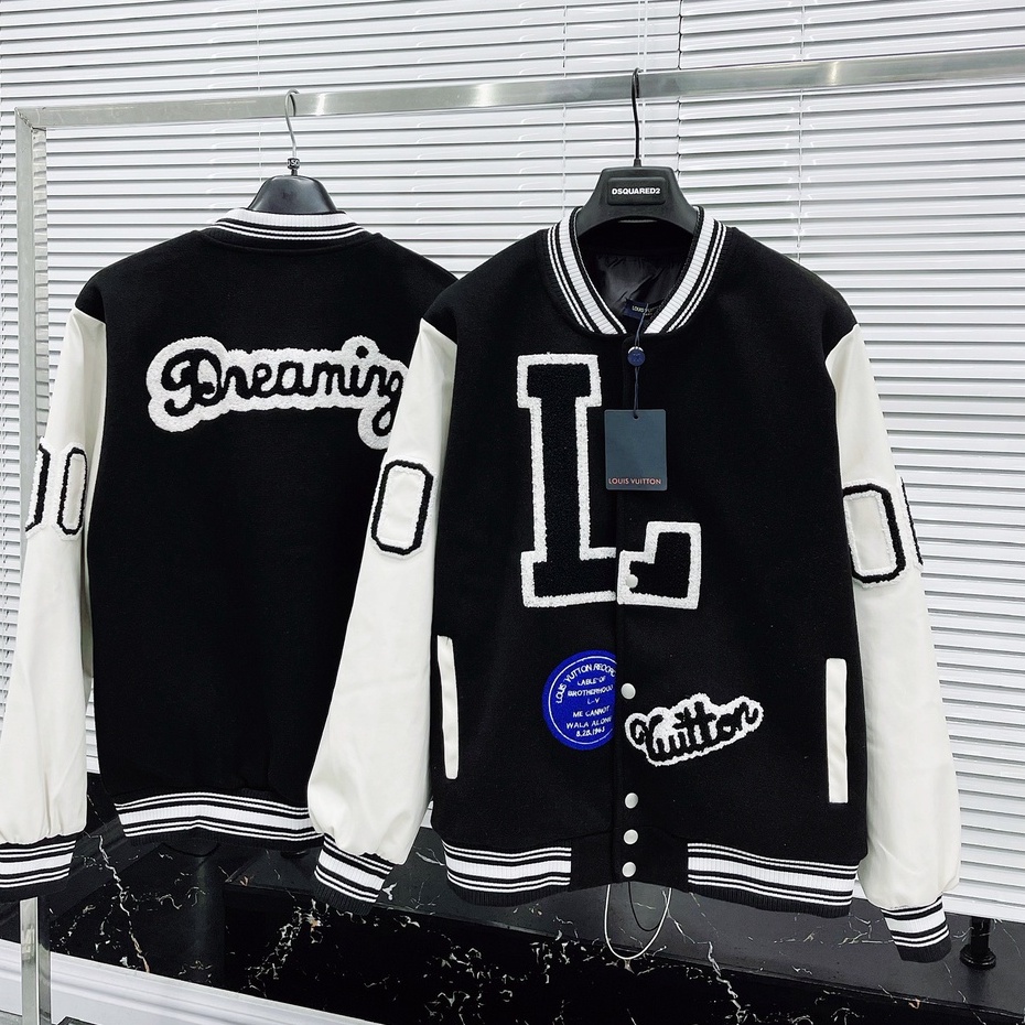Áo Khoác , Áo Bomber DREAMING Thân Nỉ Tay Da Phối Đen Trắng Cực Chất
