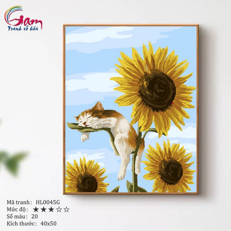 Tranh tô màu theo số mèo trèo cây hoa hướng dương có sẵn đã căng khung 40x50cm HL0045G