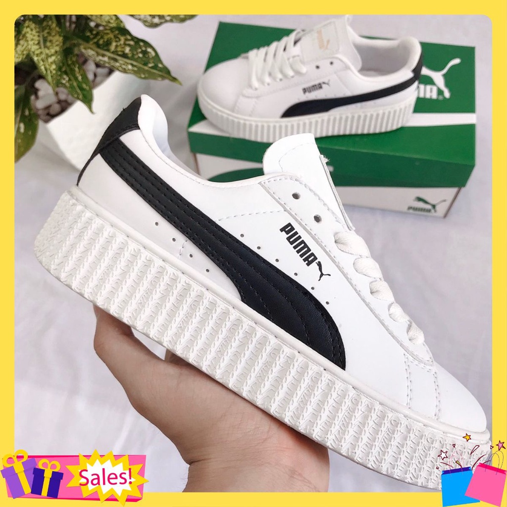 Giày thể thao sneaker nữ 𝐏𝐔𝐌𝐀 sọc đen - thân giày da đế cao su đúc - cổ thấp đế cao 5cm - màu sắc trắng đen