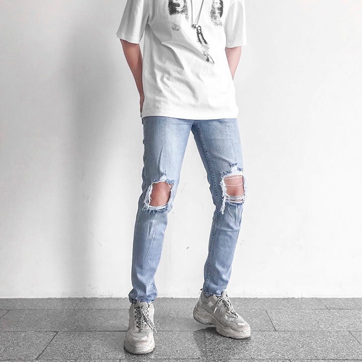 Quần Jeans Nam Xanh Rách Gối Rách To Jean Co Giãn | BigBuy360 - bigbuy360.vn