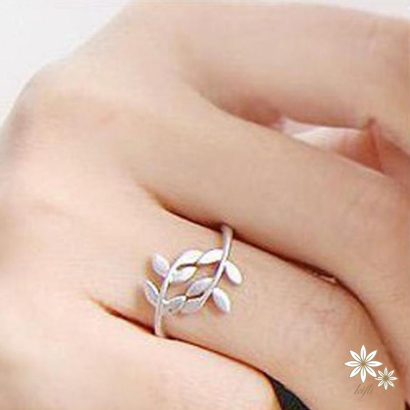 【Kifli】 Nhẫn dạng hở hình lá cây olive mạ vàng bạc