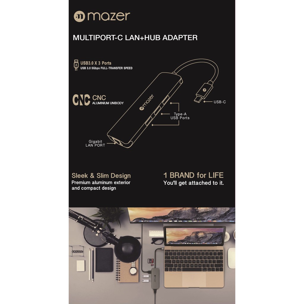 Cổng Chuyển Đổi Mazer USB-C to USB3.0 X3 + Gigabyte Lan Adapter