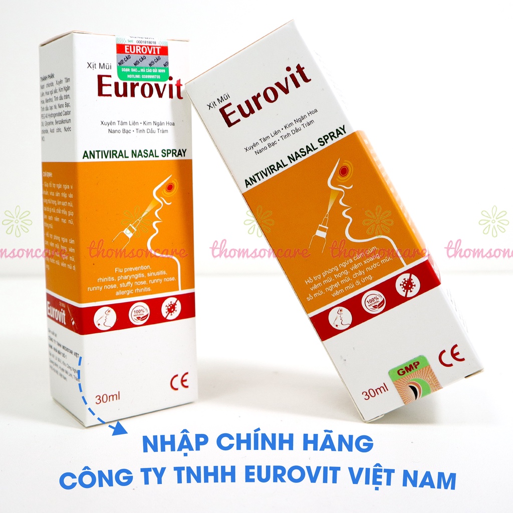 Xịt mũi Eurovit giúp giảm ngạt mũi, thông mũi, phòng ngừa cảm cúm - Lọ 30ml từ xuyên tâm liên, thêm nano bạc