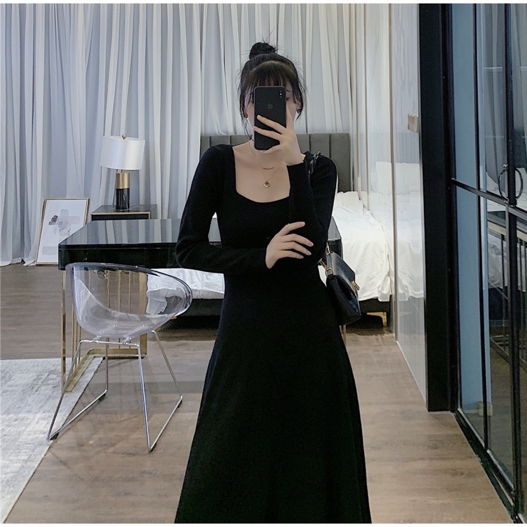 Váy midi len zip cổ U nữ - Đầm dáng xòe tay dài thun trơn bánh bèo tiểu thư ulzzang HOT | BigBuy360 - bigbuy360.vn