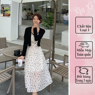 [HÀNG CÓ SẴN] Set Váy Hoa Nhí Đen Dáng Maxi Cùng Áo Cardigan Đen Kiểu Dáng Hàn Quốc HLHT02 XINXOSHOP
