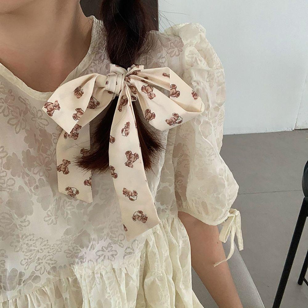 Dây Cột Tóc Vải In Họa Tiết Gấu Phong Cách Retro Ngọt Ngào Cho Nữ