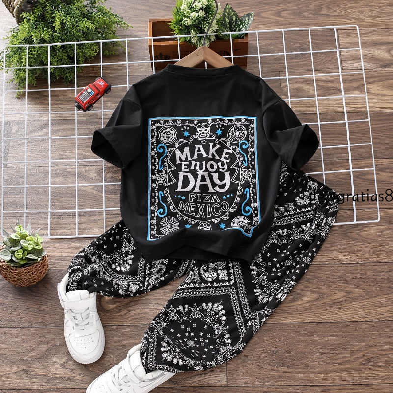 Bộ Áo Thun Ngắn Tay In Hoa + Quần Dài Tới Mắt Cá Chân Dáng Rộng Thời Trang Mùa Hè Cho Bé Trai