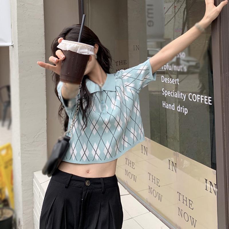 Áo Croptop Dệt Kim Tay Ngắn Kẻ Sọc Ca Rô Kiểu Hàn Quốc Dễ Thương Cho Nữ | BigBuy360 - bigbuy360.vn