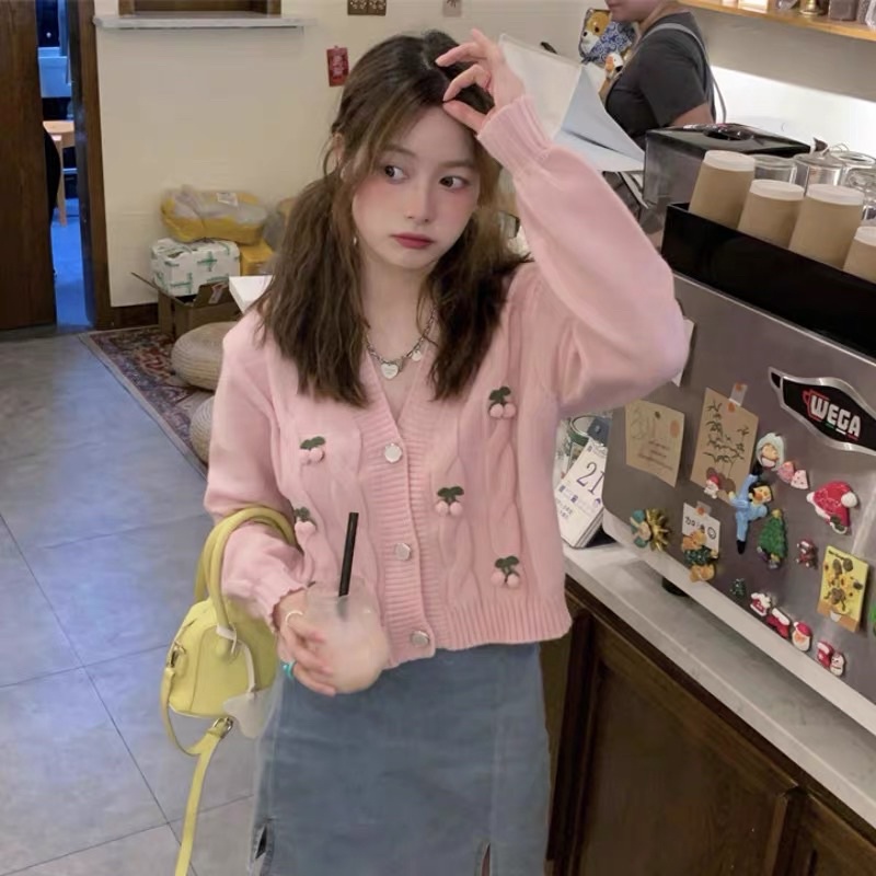 Set 2 Món Áo Cardigan + Croptop 2 Dây Tay Bồng Trái Đào Hồng Xinh Xắn