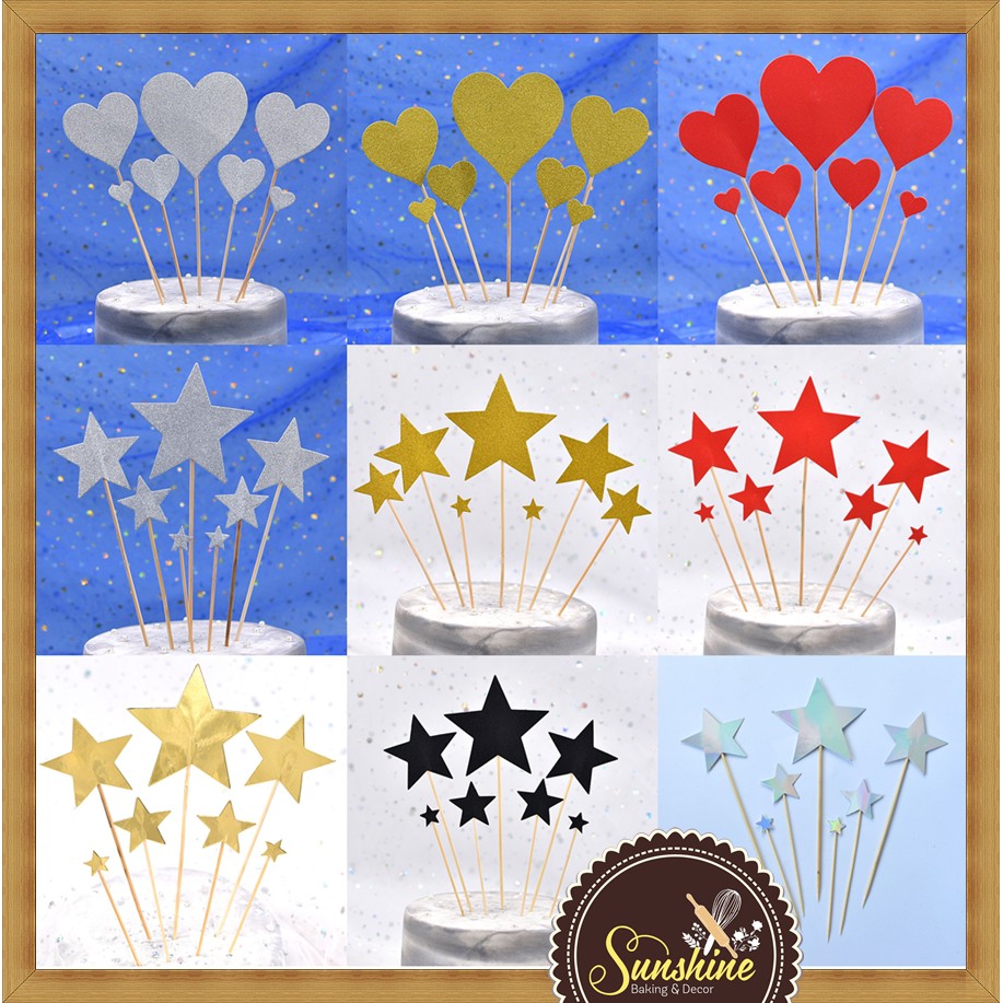 7 Que Cắm Giấy Tim Sao Nhũ Trang Trí Bánh Sinh Nhật Nhiều Mẫu 21 cm