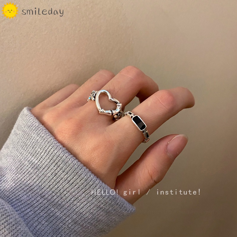 Set 2 Nhẫn Bạc Khắc Trái Tim Rỗng Có Thể Điều Chỉnh Kích Cỡ