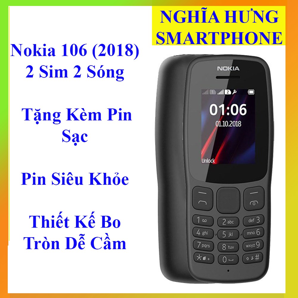 Điện thoại Nokia 106  Dual Sim -Bảo Hành 12 Tháng, Sóng Khỏe,Loa To,Bàn Phím Nổi Dễ Bấm