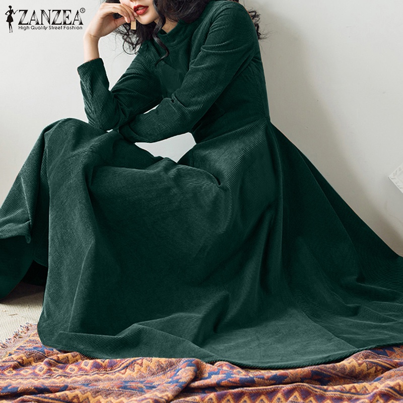 Đầm maxi ZANZEA tay dài cổ tròn lưng cao hợp thời trang dành cho nữ