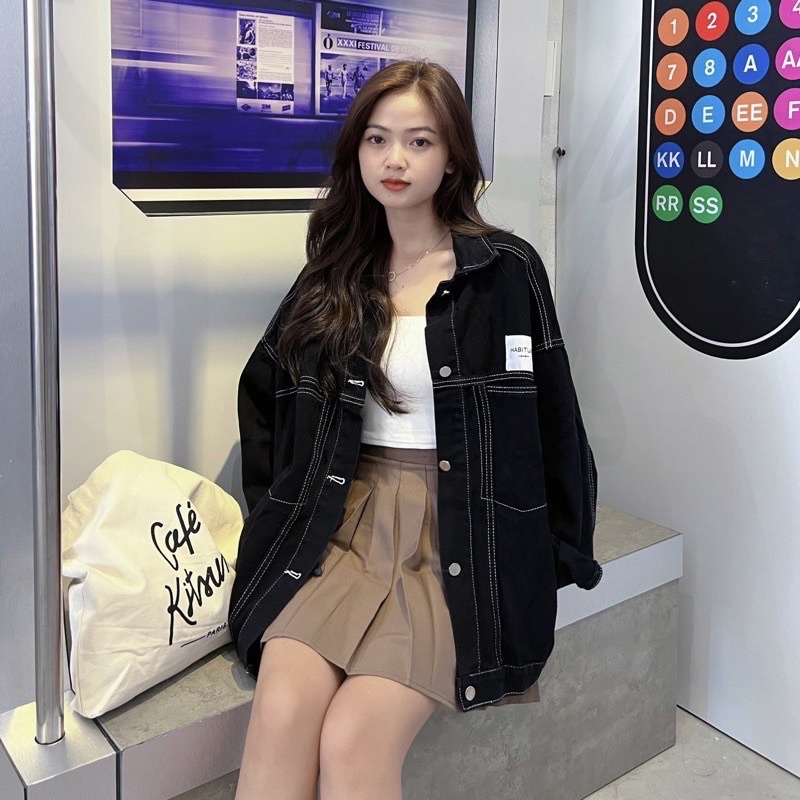 Áo khoác Jeans CHỈ NỔI CHAMPION form rộng màu ĐEN 🏁 Nam nữ unisex 🖤 Áo khoác bò denim form rộng style Ulzzang