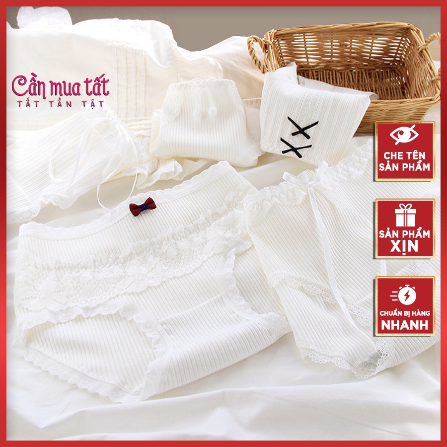 Quần lót kháng khuẩn màu trắng Lolita gân tăm phối viền ren, quần sịp nữ thiết kế mềm mại C088