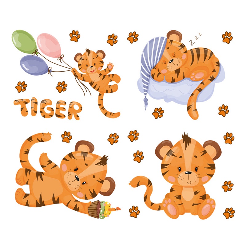 1 Set Giấy Dán Tường Vinyl Hình Con Hổ Hoạt Hình DIY Trang Trí Phòng Trẻ Em