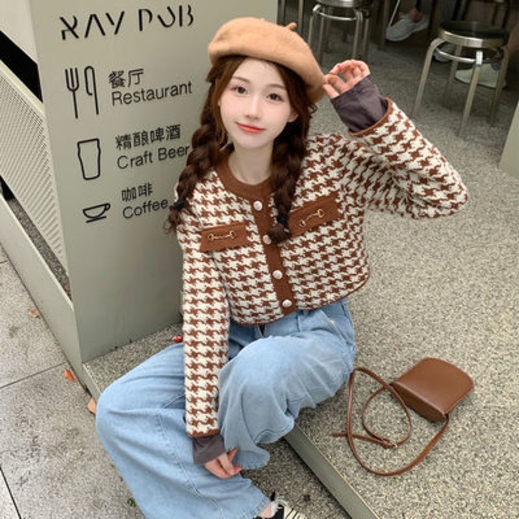 Xiaoxiangfeng Áo Khoác Cardigan Dệt Kim Eo Cao Màu Sắc Tương Phản Phong Cách Phương Tây Thời Trang Thu Đông Hàn Quốc Dành Cho Nữ