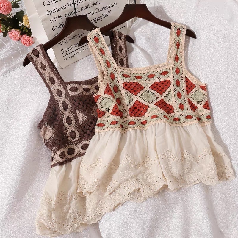 Áo 2 dây dáng croptop hoạ tiết thổ cẩm, áo boho đi biển dễ thương-shopbelinh