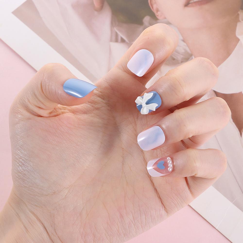 Hộp 24 Móng Tay Giả Ngắn Đính Nơ Có Thể Tháo Rời|Nhấn Trên Bìa Đầy Đủ Nhân Tạo