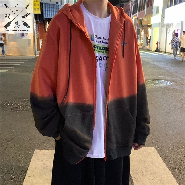(Hot Trend, Sẵn Hàng) Áo Khoác Hoodie Nỉ Unisex Form Rộng Nam Nữ, Hoodie Zip Khóa Kéo Có Mũ Màu Loang Cam (Có Ảnh Thật)