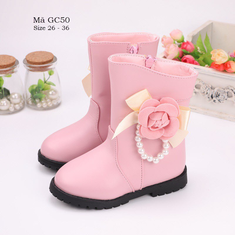 Boot da màu hồng cho bé gái 3 -12 tuổi cao cổ dáng ôm thời trang GC50