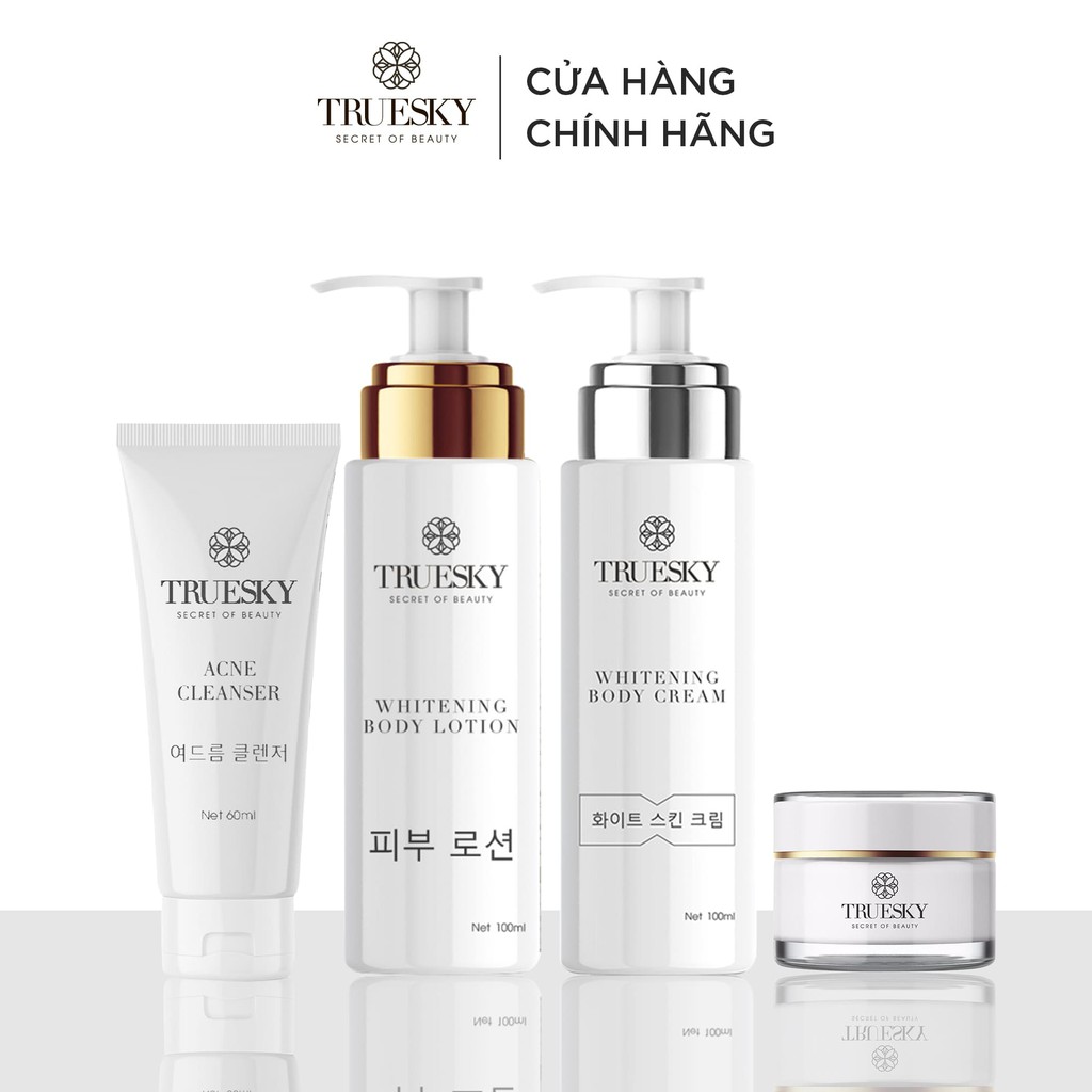 Bộ Truesky VIP04 gồm 1 gel rửa mặt 50g + 1 kem dưỡng trắng da mặt 20g + 1 kem ủ trắng 100g + 1 kem dưỡng trắng 100g