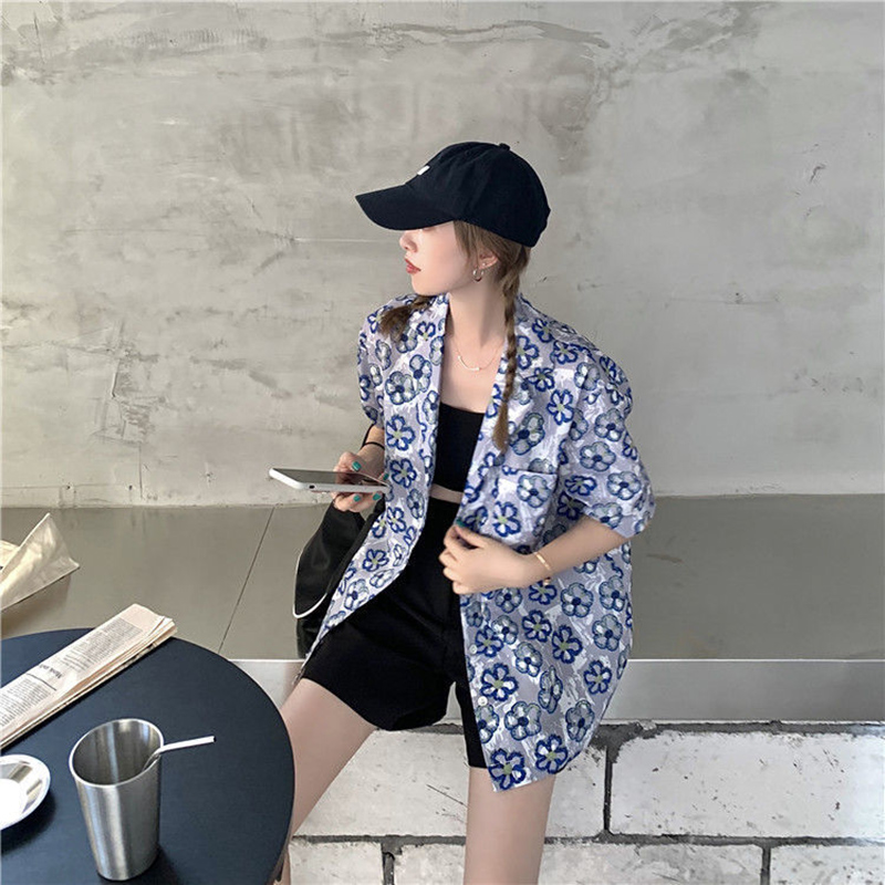 IELGY Áo Sơ Mi Tay Ngắn Họa Tiết Hoa Retro Thời Trang Cho Nữ