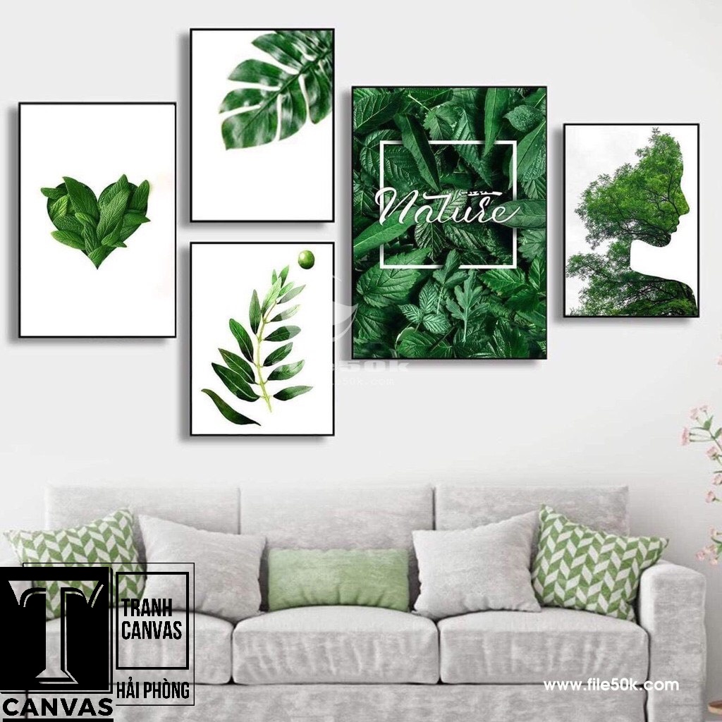(Giá Xưởng) Tranh canvas treo tường phòng khách, tranh hiện đại nghệ thuật Lá cây xanh Set L01 (không kèm khung)