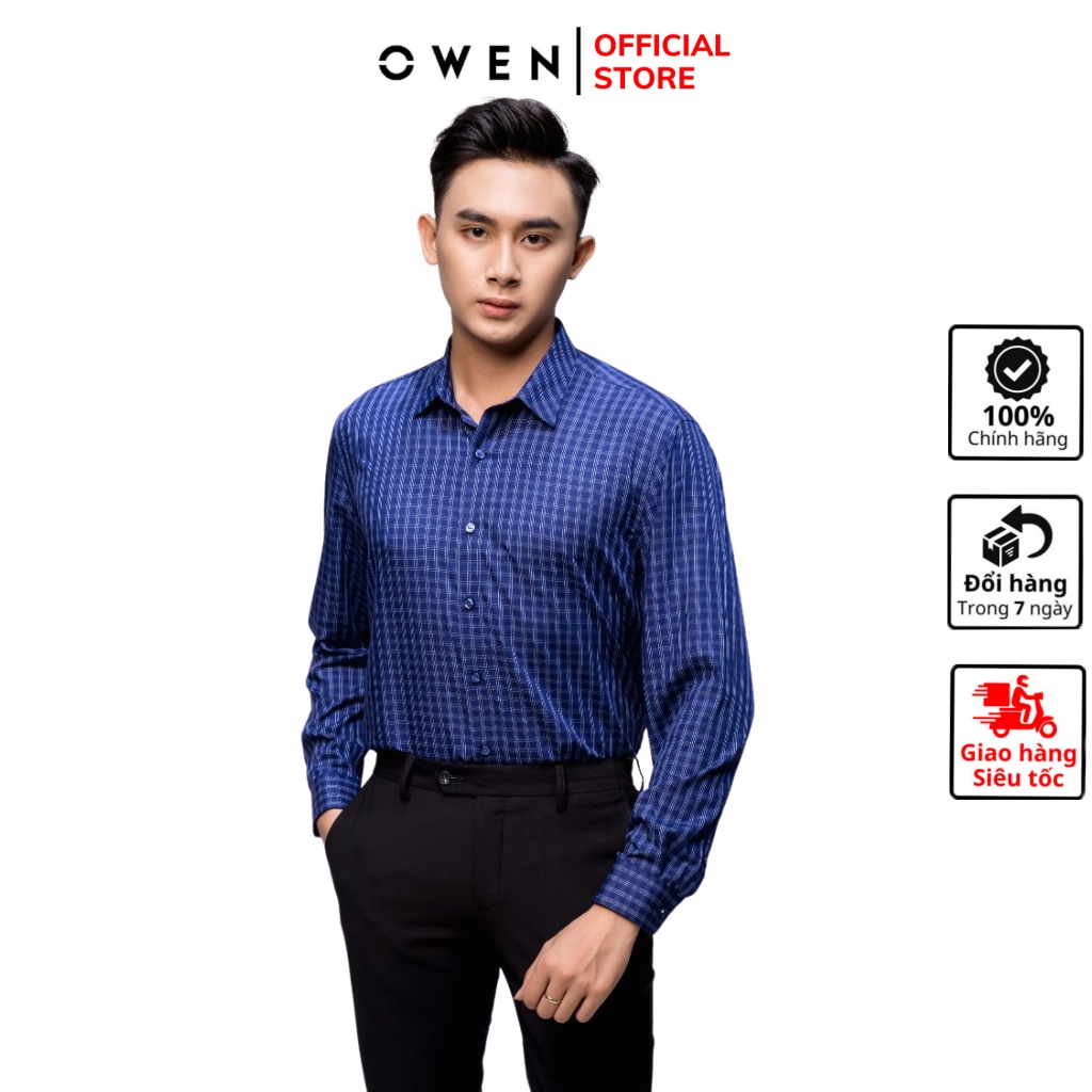 Áo sơ mi nam dài tay OWEN AR22747D somi công sở vải lô hội cao cấp màu kẻ caro xanh đậm dáng suông tà lượn không túi