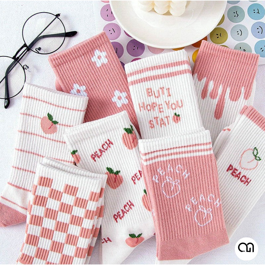 Tất Vớ Cổ Cao Nữ Màu Hồng Họa Tiế Dễ Thương Vải Cotton Màu Blink Đẹp