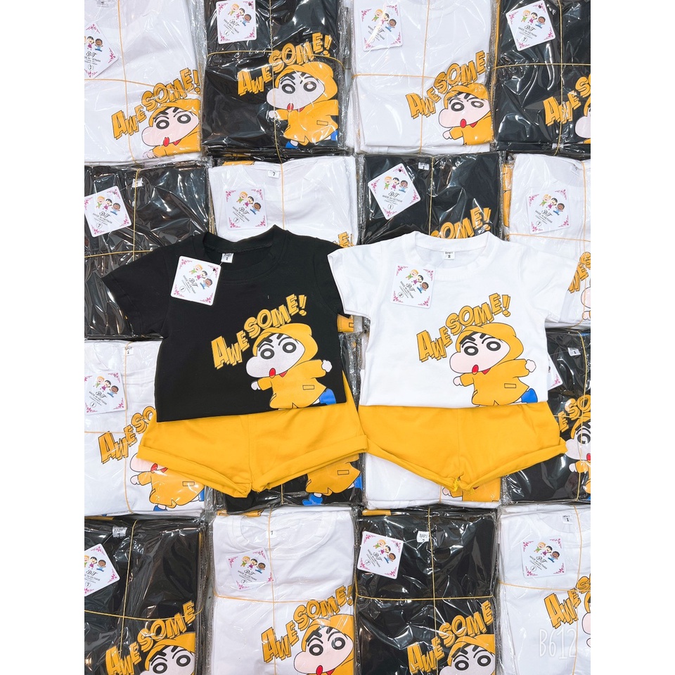 Bộ cộc tay bé trai, bộ cotton tàu họa tiết cậu bé Shin dễ thương