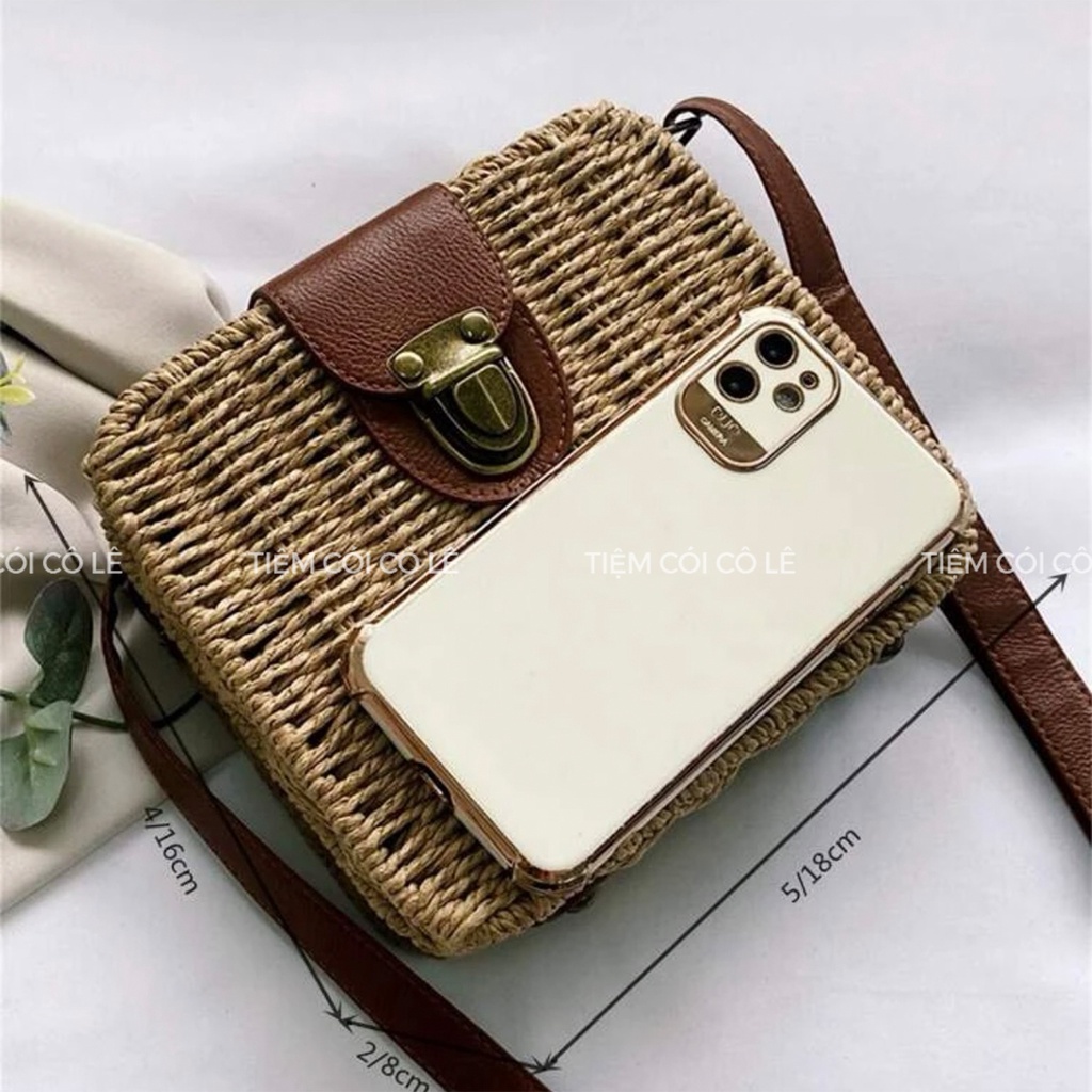Túi cói vali đi biển quai đeo da có nút đóng kiểu dáng vintage - Tiệm Cói Cô Lê