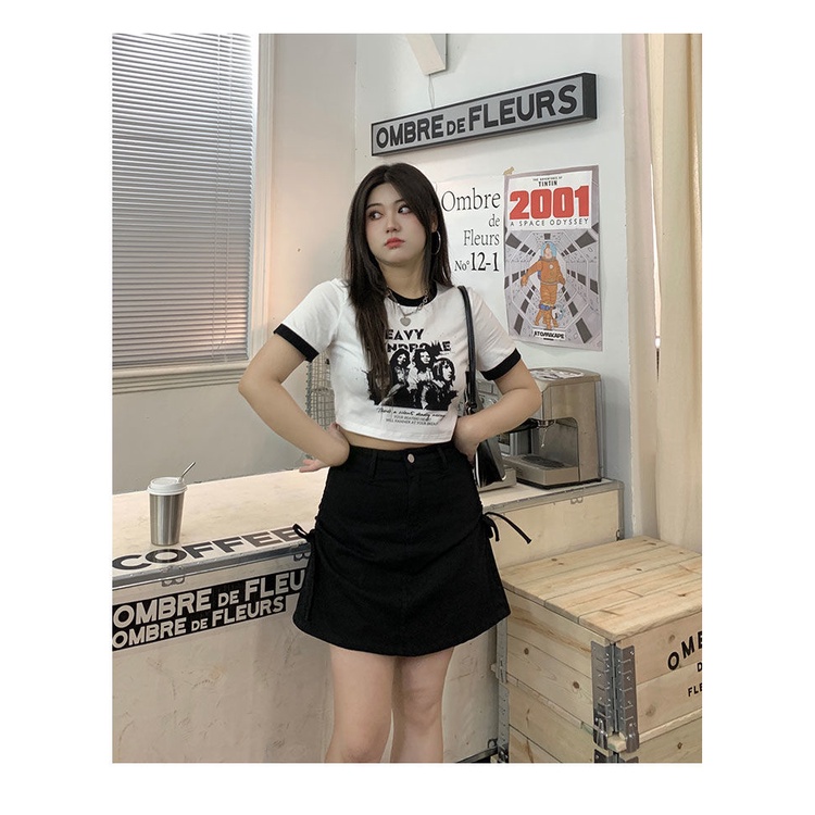Large size 2022 summer black-and-white short-sleeved T-shirt women's short spicy blouse fat mm skirt set