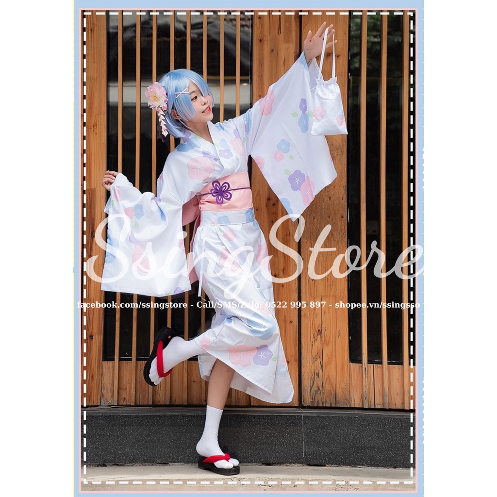 SSINGSTORE Set COSPLAY nhân vật Ram Rem trong anime Re Zero ver Kimono hoa anh đào Nhật Bản đáng yêu