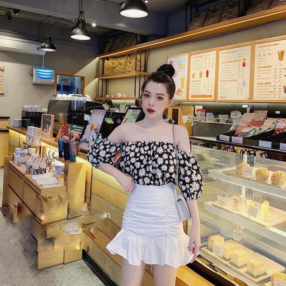 (ảnh thật)Sét áo và chân váy nữ dễ sẽ thương, áo trễ vai họa tiết hoa nhí, chân váy đuôi cá phù hợp đi tiệc, đi chơi.