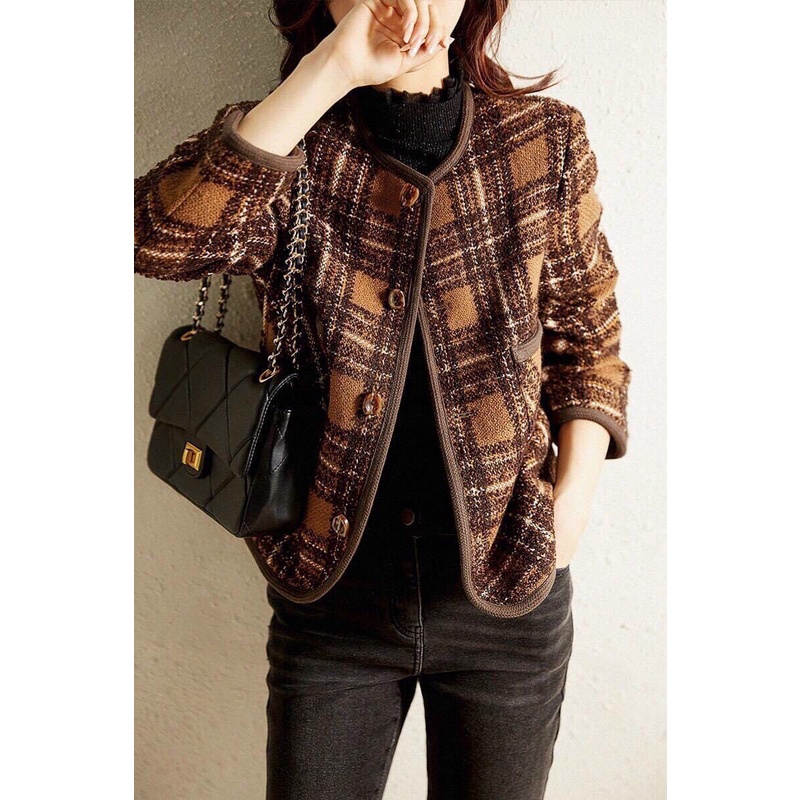 Áo khoác dạ TS caro nâu Vintage - Hàng xuất dư cực xịn cực hiếm, y hình 100%