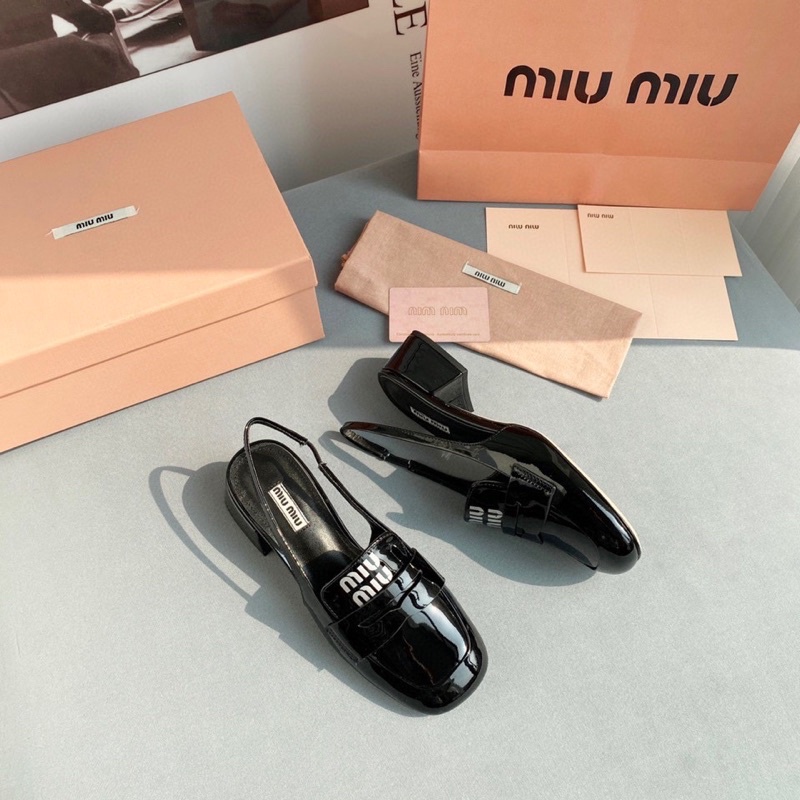 Giày cao gót mũi vuông quai hậu thương hiệu Miu Miu da thật cao cấp
