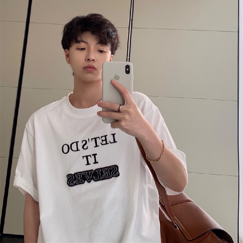 Áo Thun Nam Tay Ngắn Dáng Rộng Có In Chữ Phong Cách Hàn Quốc
