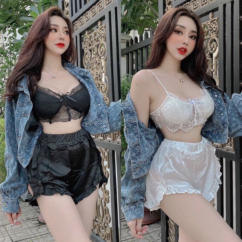 Set áo cúp bra ren 2 dây + quần short viền bèo