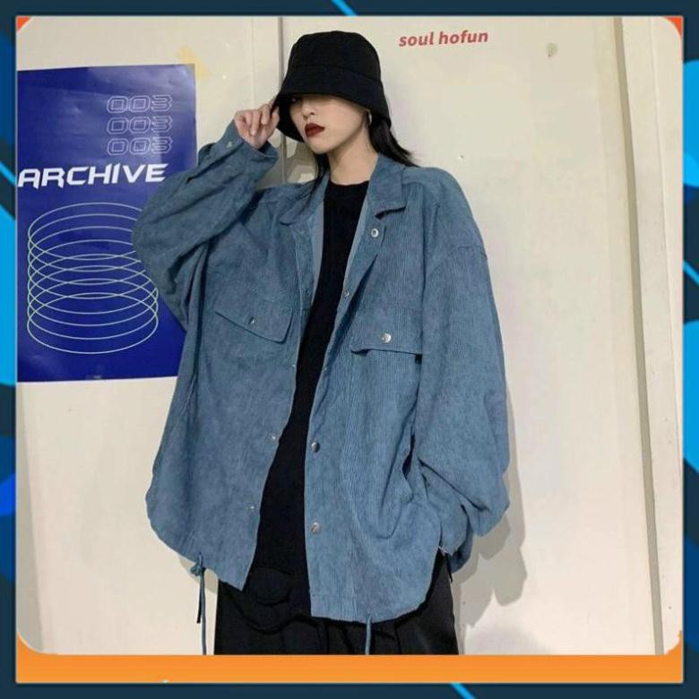 ÁO KHOÁC NHUNG SƠ MI XANH - ĐEN FORM RỘNG UNISEX CÁ TÍNH ❤