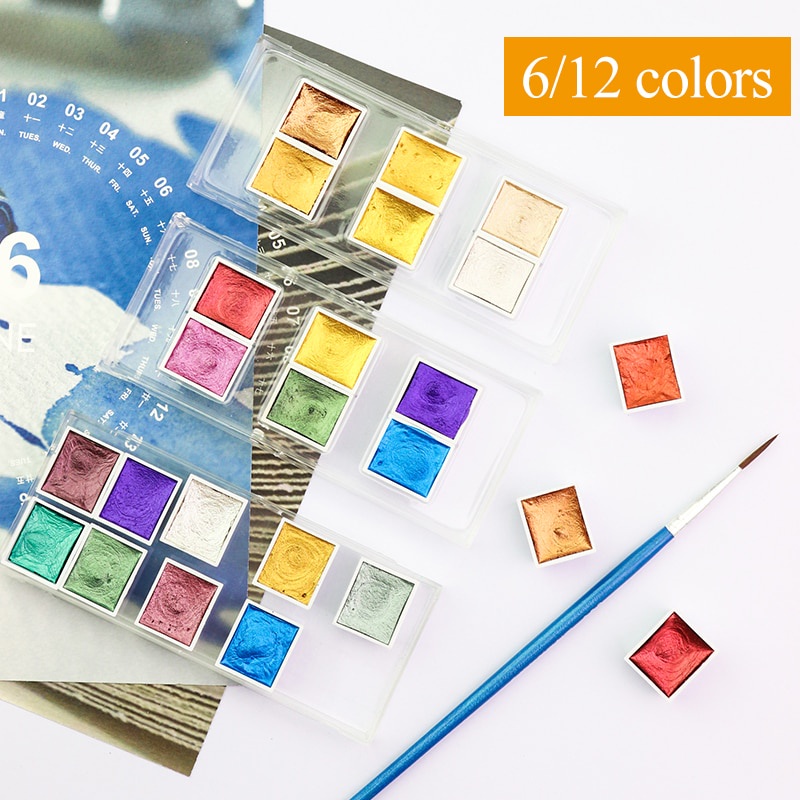 Hộp Phấn Vẽ Màu Nước 6 / 12 Màu Ánh Ngọc Trai Kim Tuyến Lấp Lánh
