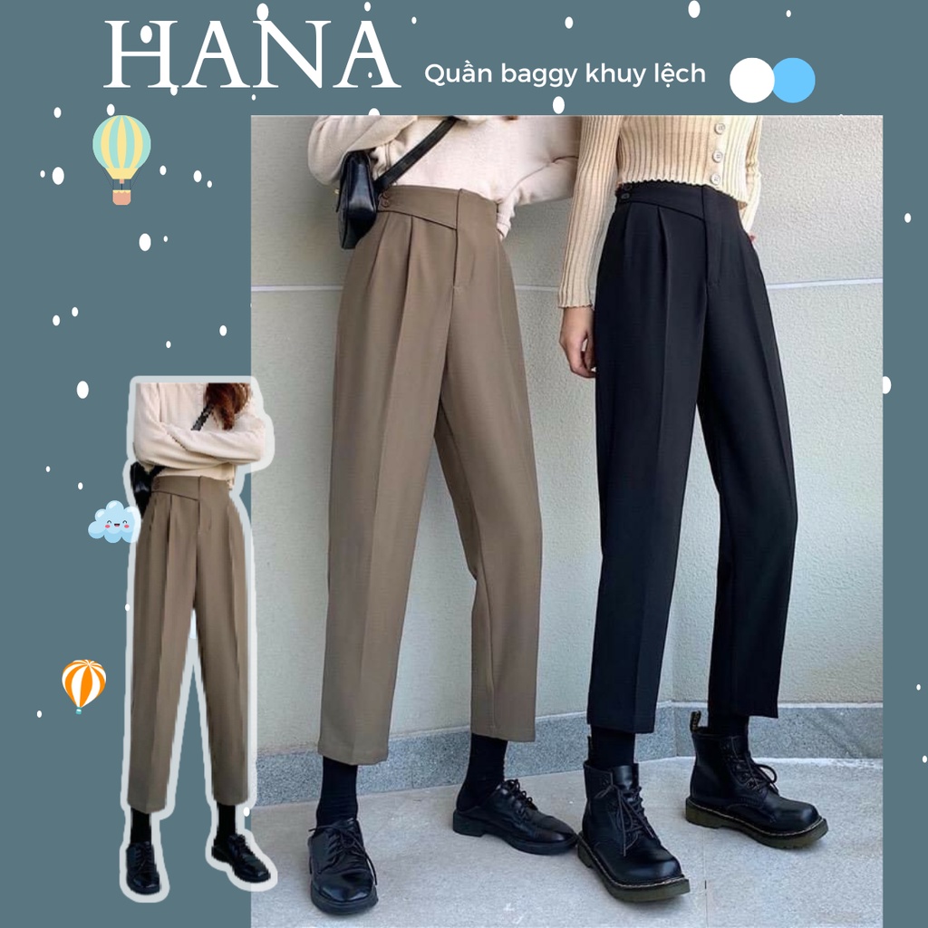 Quần baggy nữ 2 khuy lệch cạp lưng chun vải vitex, Quần tây cao cấp dày dặn dáng suông đứng