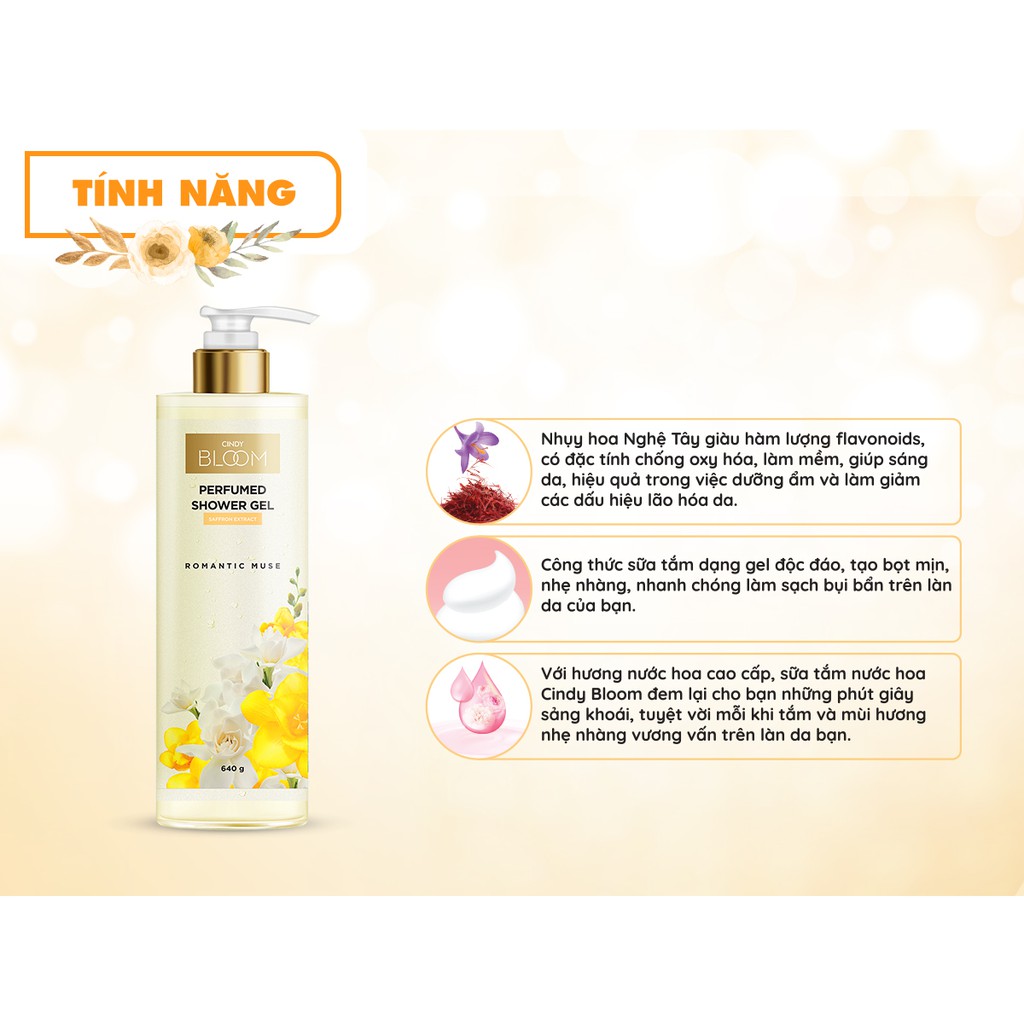 Sữa Tắm Nước Hoa Cindy Bloom 640g Giữ Ẩm Dưỡng Trắng Lưu Hương 24h Hàng Chính Hãng